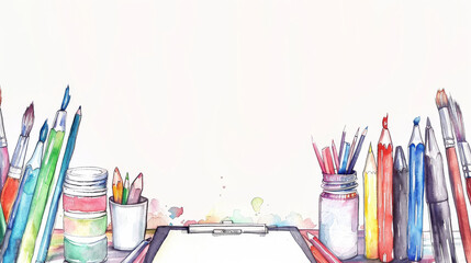 Fototapeta premium watercolor background with copy space. backdrop with brushes, paints and pencils for drawing. Background for artists