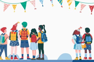 Back to school party, kids with backpacks, flat design illustration