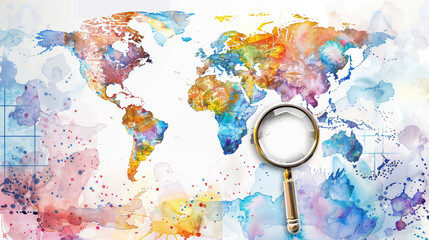 watercolor background with copy space. backdrop with a multicolored world map and a magnifying glass. Background for school