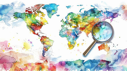 Naklejka premium watercolor background with copy space. backdrop with a multicolored world map and a magnifying glass. Background for school