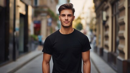 Fototapeta premium Young handsome model looking man close up photo in black mockup t-shirt walking at camera on daylight city street