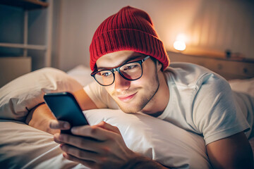 Obraz premium A young man in glasses and a red beanie is lying in bed at night looking at his smartphone