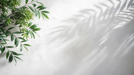 Minimalistic light background with blurred foliage shadow on white wall
