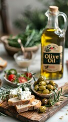 Rustic table setting with olive oil, bread, and olives