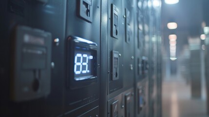 A closeup of a locker door reveals a digital display that indicates the availability of the locker and any instructions for use.