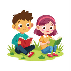 Cartoon boy and girl reading books on the grass art vector