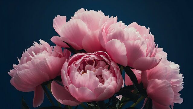 Fresh pink peony flowers border on dark blue background