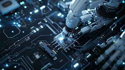 robotic arm assembling a digital circuit board