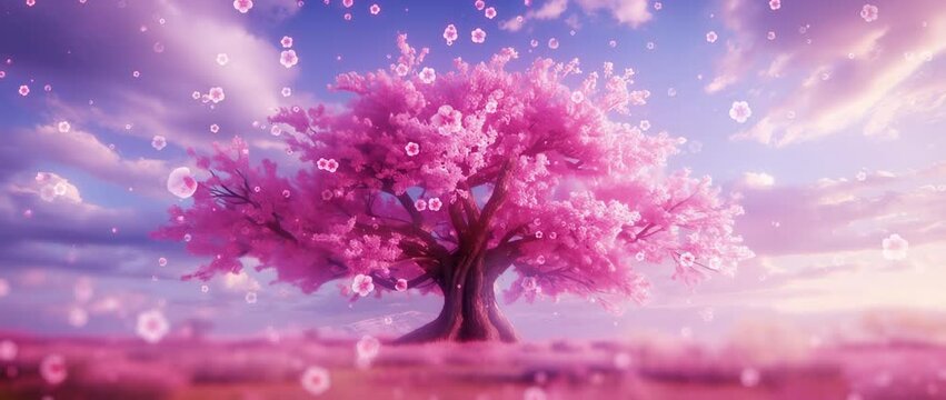 Big pink tree with flying petals