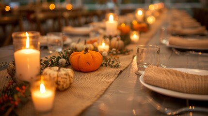 A long table decorated with a rustic burlap table runner adorned with candles and small pumpkins as place settings.