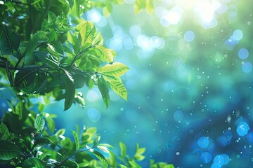 Obraz premium Blurred green and blue summer foliage background with bokeh.