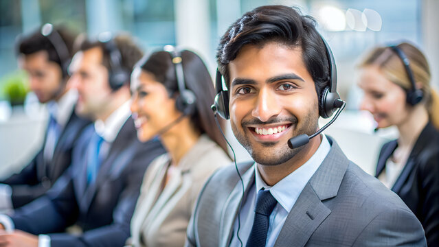 Call center agent, telemarketing operator, smiling at the camera.