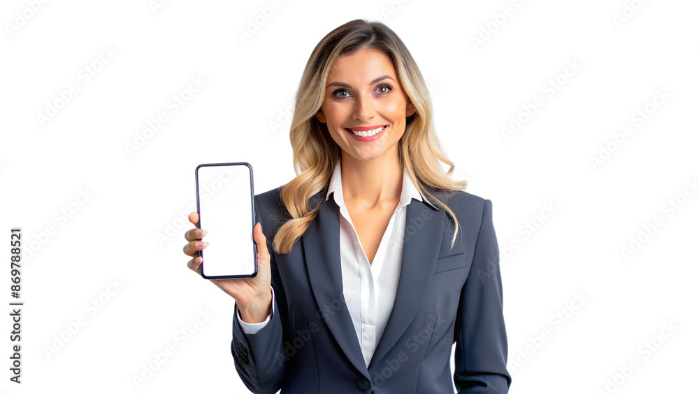 Wall mural business woman holding smartphone mockup with blank screen - png file.