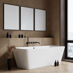 Frame mockup in modern bathroom interior, three frames on the wall