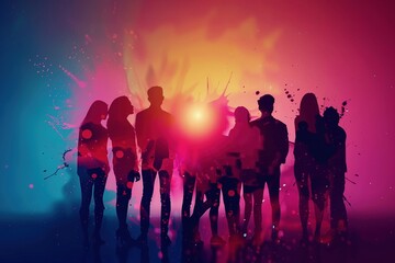 A dynamic composition showcases diverse silhouettes interacting on a social network, set against a backdrop of swirling, colorful patterns.