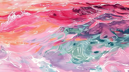   A close-up of a painting featuring a vibrant pink and blue design at the base of the image