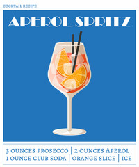Aperol spritz cocktail on the blue background. Vector illustration of trendy alcohol drink. Summer cocktail poster