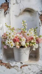 Spring flowers in white bucket on background old white wall
