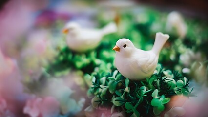 Green artificial plants and white fake bird with shallow depth of field