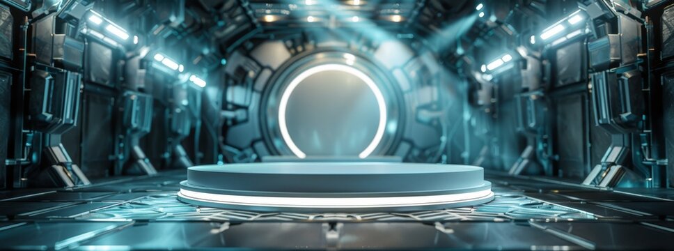 A futuristic podium with metallic elements and illuminated panels, perfect for tech presentations and scifi events. Its advanced design and futuristic aesthetics create an ideal ambiance