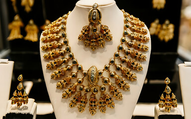 gold necklace and earrings set on display in a store heavy gold jewellery elaborate gold jewelry.