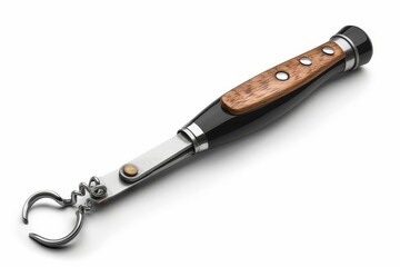 Obraz premium Black and silver metal kitchen tong with wooden handle isolated on white background.