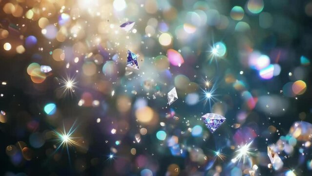 Glittering diamonds float among a vibrant array of colored bokeh lights. The scene creates a festive, magical atmosphere. Mixed hues of green, gold, purple, and blue dominate the background.