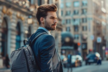 Fototapeta premium Handsome businessman tourist in business suit and backpack