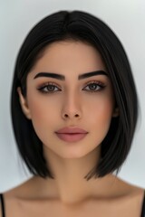 A woman with black hair and brown eyes.