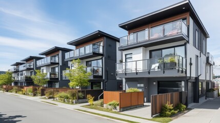 Energy efficient urban homes with lush green balconies, rooftop gardens, and integrated solar panels