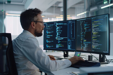 Young man programmer working in office at workplace station