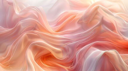 Fototapeta premium Abstract peach and white silk fabric texture. Showing its soft, flowing translucent texture and subtle color gradient. Fabric is arranged in folds and waves, creating an abstract gentle pattern.