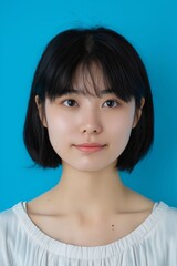 Fototapeta premium A young woman with black hair and white shirt.