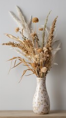 Dried flowers in vase against light gray background