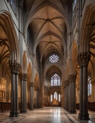 Obraz premium Within the hallowed halls of a Gothic cathedral the architecture whispers tales of centuries past, its soaring arches and intricate stone carvings bearing witness to the passage of time