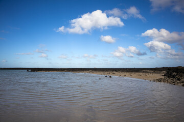 Beach with white sand and lava rocks, Lanzarote
