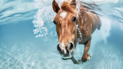 Brown horse mid-jump into crystal clear water
