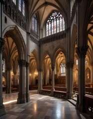 Obraz premium Within the hallowed halls of a Gothic cathedral the architecture whispers tales of centuries past, its soaring arches and intricate stone carvings bearing witness to the passage of time