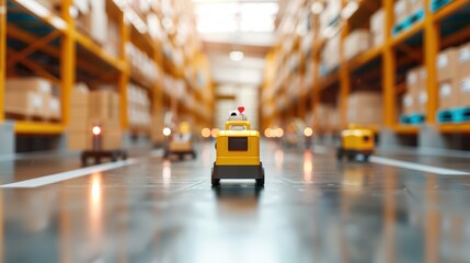 Fototapeta premium Industrial robots working alongside human operators in a warehouse, demonstrating the integration of automation in modern supply chain technology.