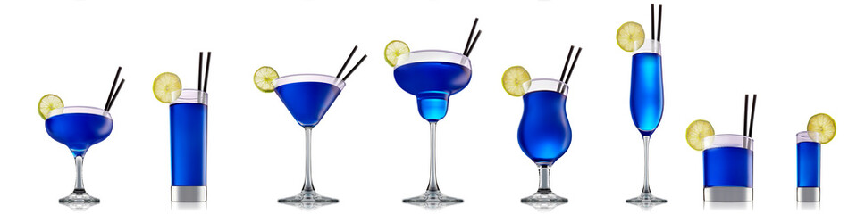 Set of cocktails with decoration from fruits isolated on white background