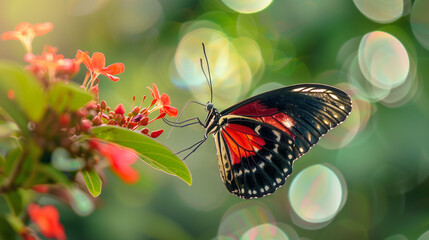 Butterfly Black and Red on Flower with Lush Green Bokeh Background