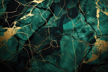Abstract Marble Background. Luxurious Green and Gold Marble Pattern. Dark Green Marble texture with gold veins. Luxury background for wallpaper, Banner, invitation