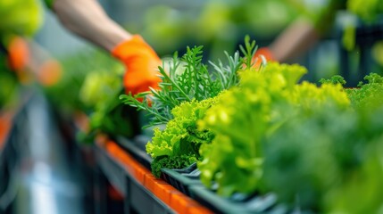 Workers loading organic produce onto biodegradable packaging materials at a distribution warehouse, promoting sustainable packaging practices in logistics.