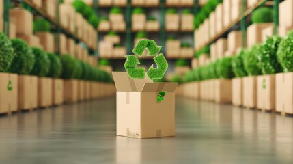 A warehouse interior filled with eco-friendly packaging materials and labeled boxes, showcasing sustainable practices in supply chains.