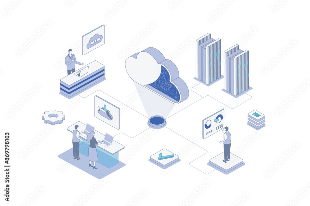 Aufkleber Cloud computing isometric concept in outline isometry design for web. People using online data storage platform, uploading files and computing with secure access to server. Vector illustration.