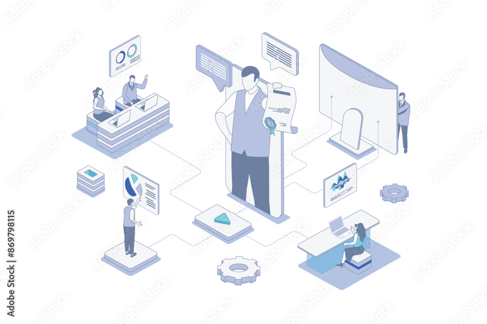 Leinwandbilder coaching isometric concept in outline isometry design for web. people training with business coach a