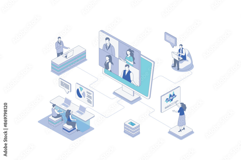 Wall mural business meeting isometric concept in outline isometry design for web. people connectingin by video 