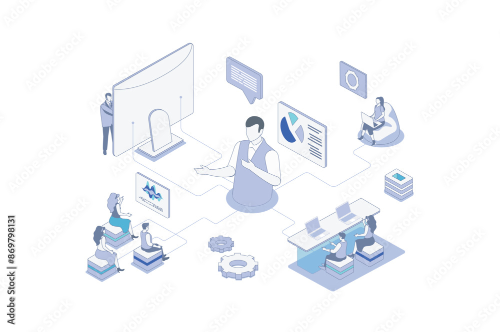 Leinwandbilder business training isometric concept in outline isometry design for web. people listening success coa