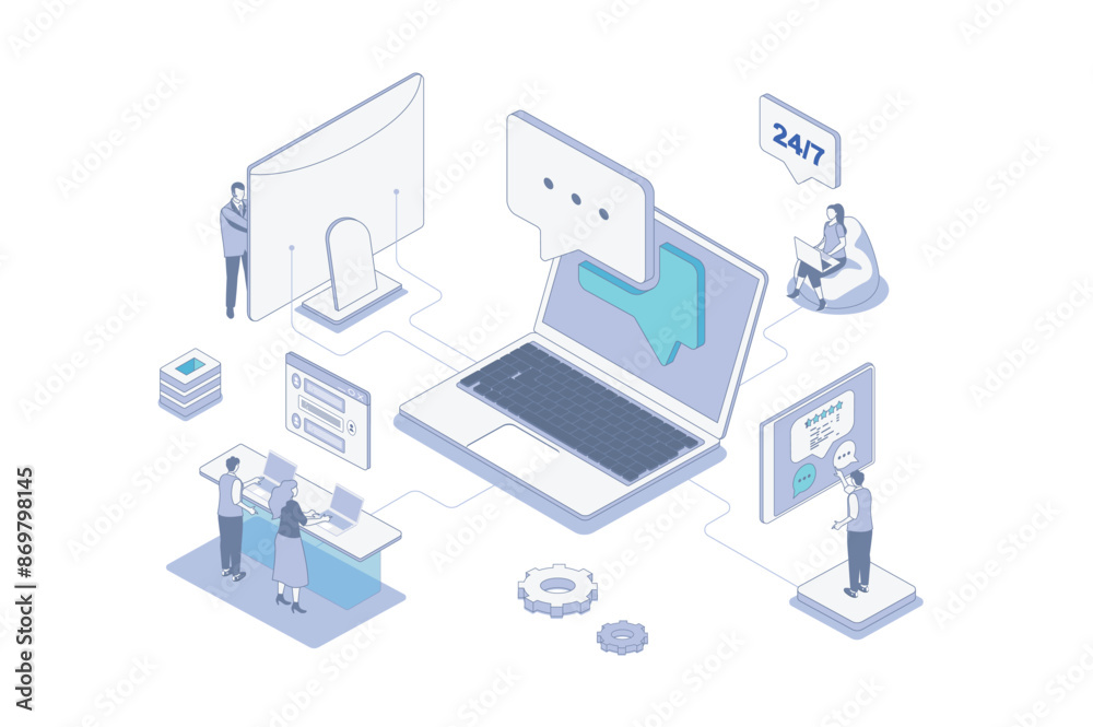 Poster Customer support isometric concept in outline isometry design for web. People working in call center, operators answering in chat and consulting clients, solve technical problems. Vector illustration.