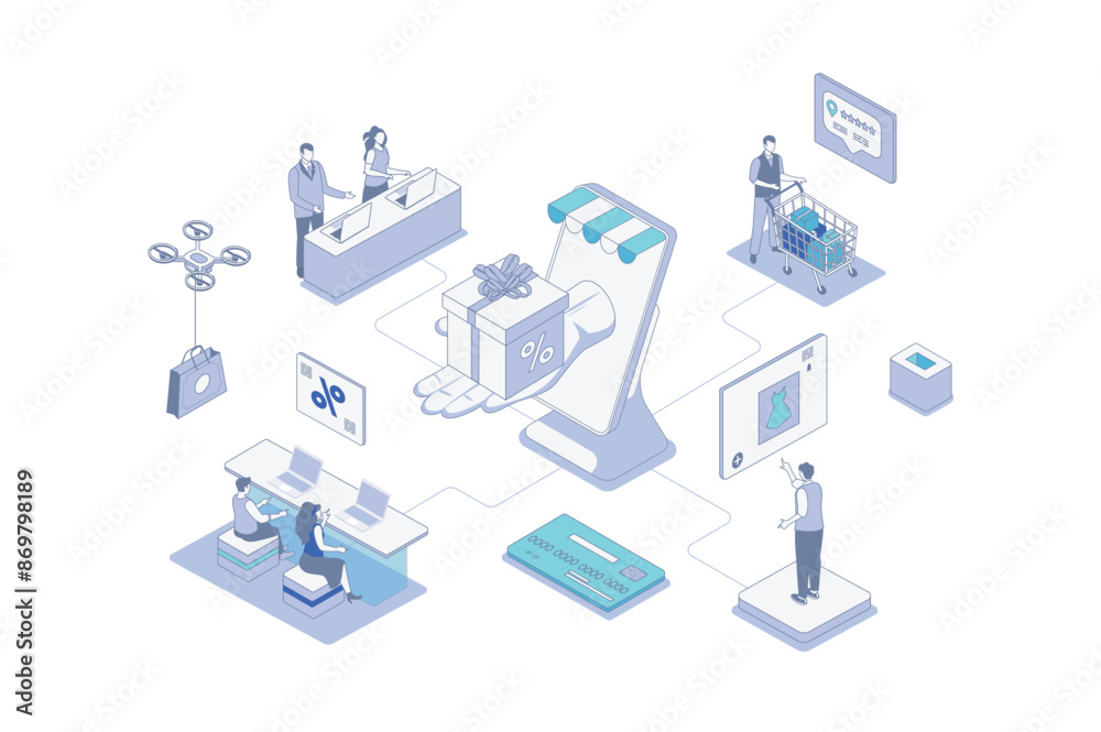 Aufkleber discount of goods isometric concept in outline isometry design for web. people doing online shopping